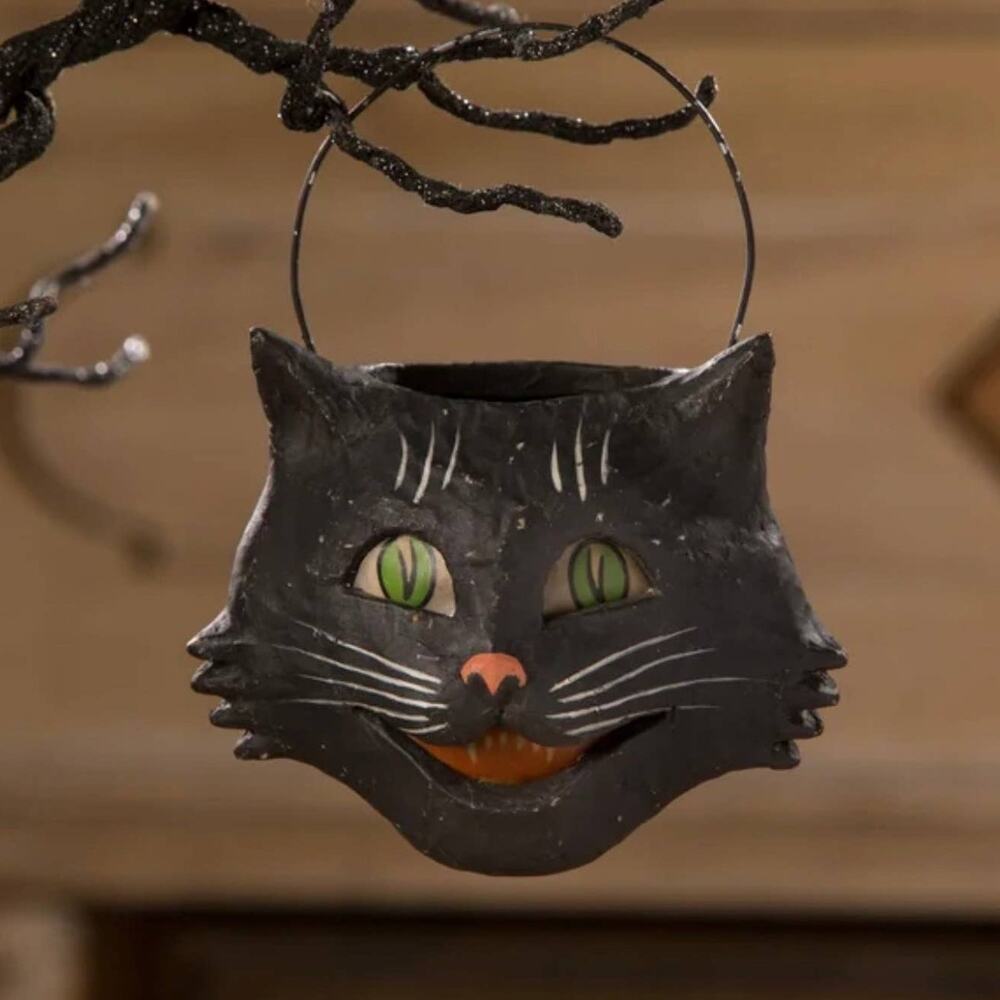 Bethany Lowe Vintage Happy Cat Bucket Ornament Small Mini Black Halloween Cat